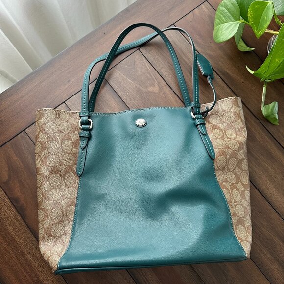 Coach Peyton Coated Canvas Saffiano Tote F30301 Racing Green & Khaki EUC - Picture 1 of 16